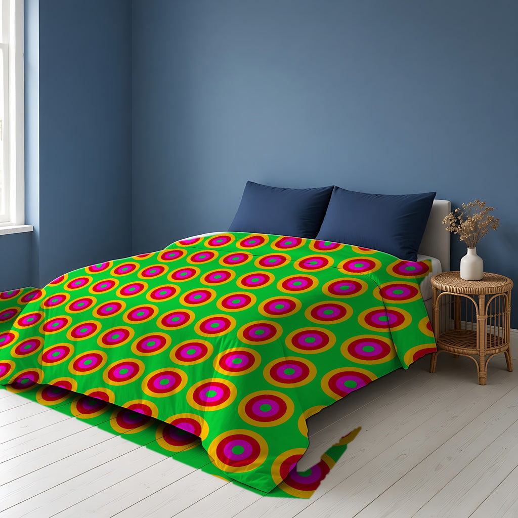 Giant Op-Art Jewel Rings Cotton Duvet Cover on a bed in a Scandinavian blue bedroom