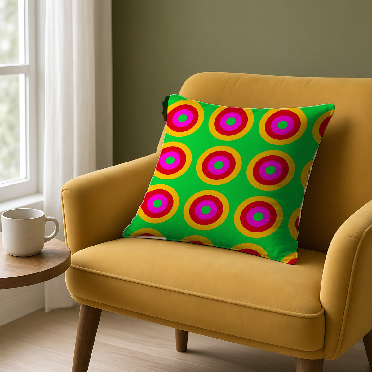 Giant Op-Art Jewel Rings Faux Suede Cushion on a mustard armchair by a window