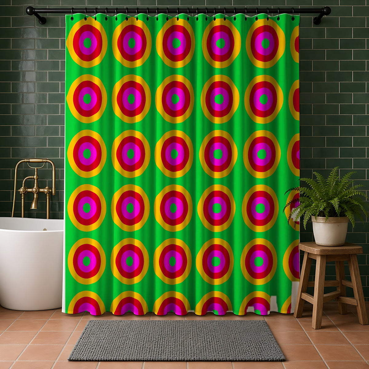 Giant Op-Art Jewel Rings Shower Curtain in a bathroom with dark green tiles