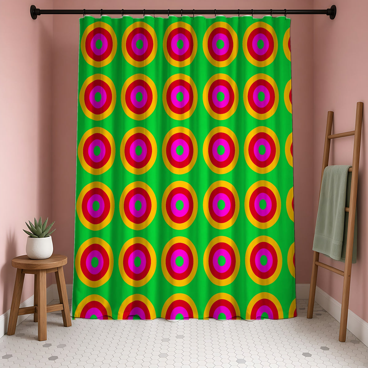 Giant Op-Art Jewel Rings Shower Curtain in a blush-pink bathroom