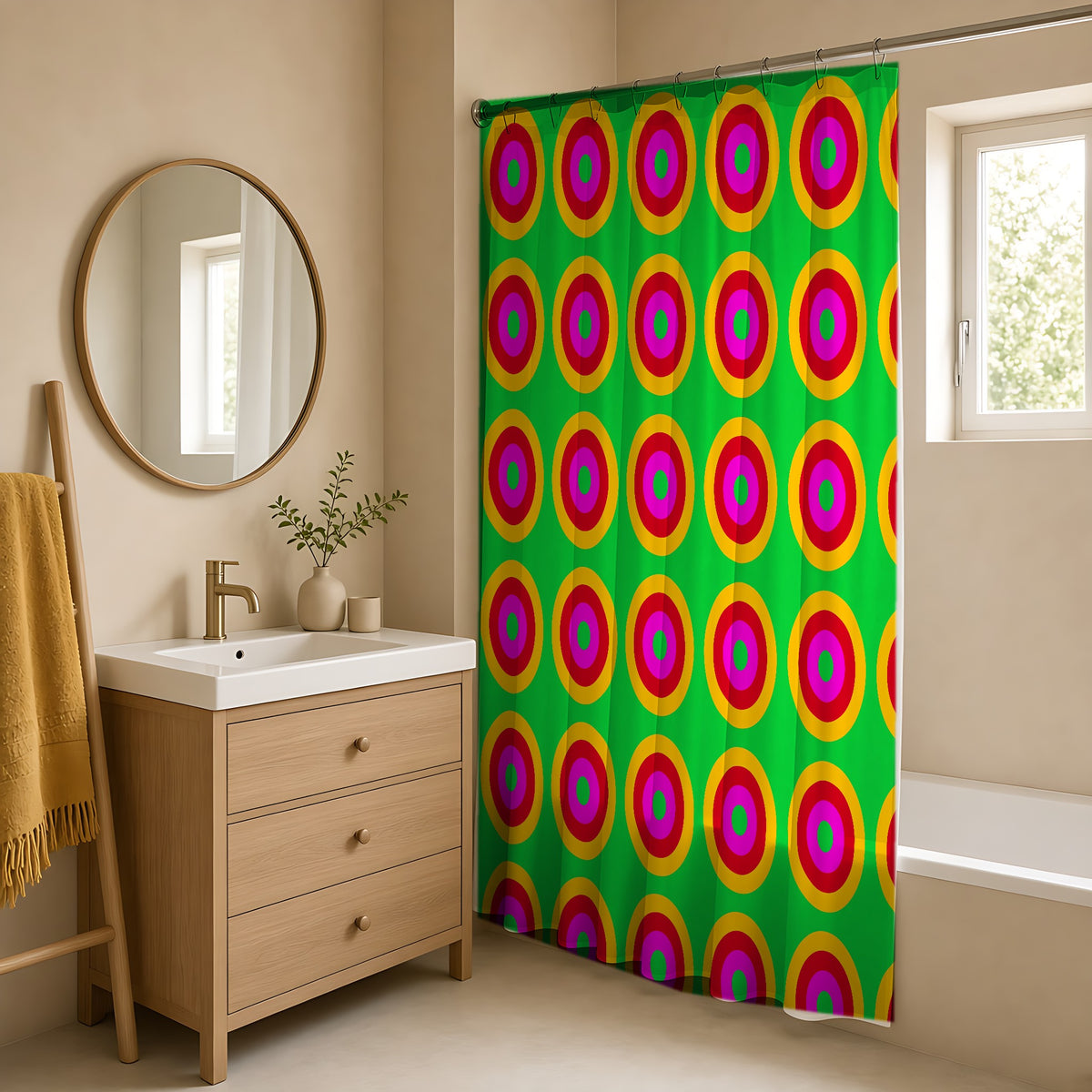Giant Op-Art Jewel Rings Shower Curtain in a warm neutral bathroom with an oak vanity