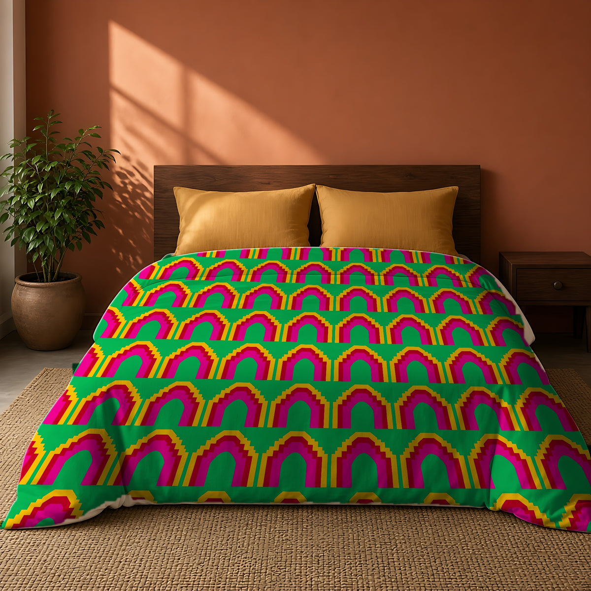 Grand Stepped Arches Comforter on a king bed against a warm terracotta wall