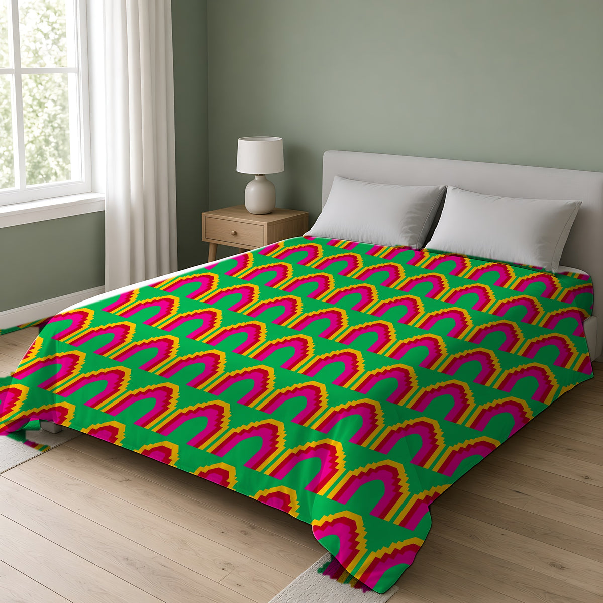 Grand Stepped Arches Comforter on a double bed in a bright sage-green bedroom