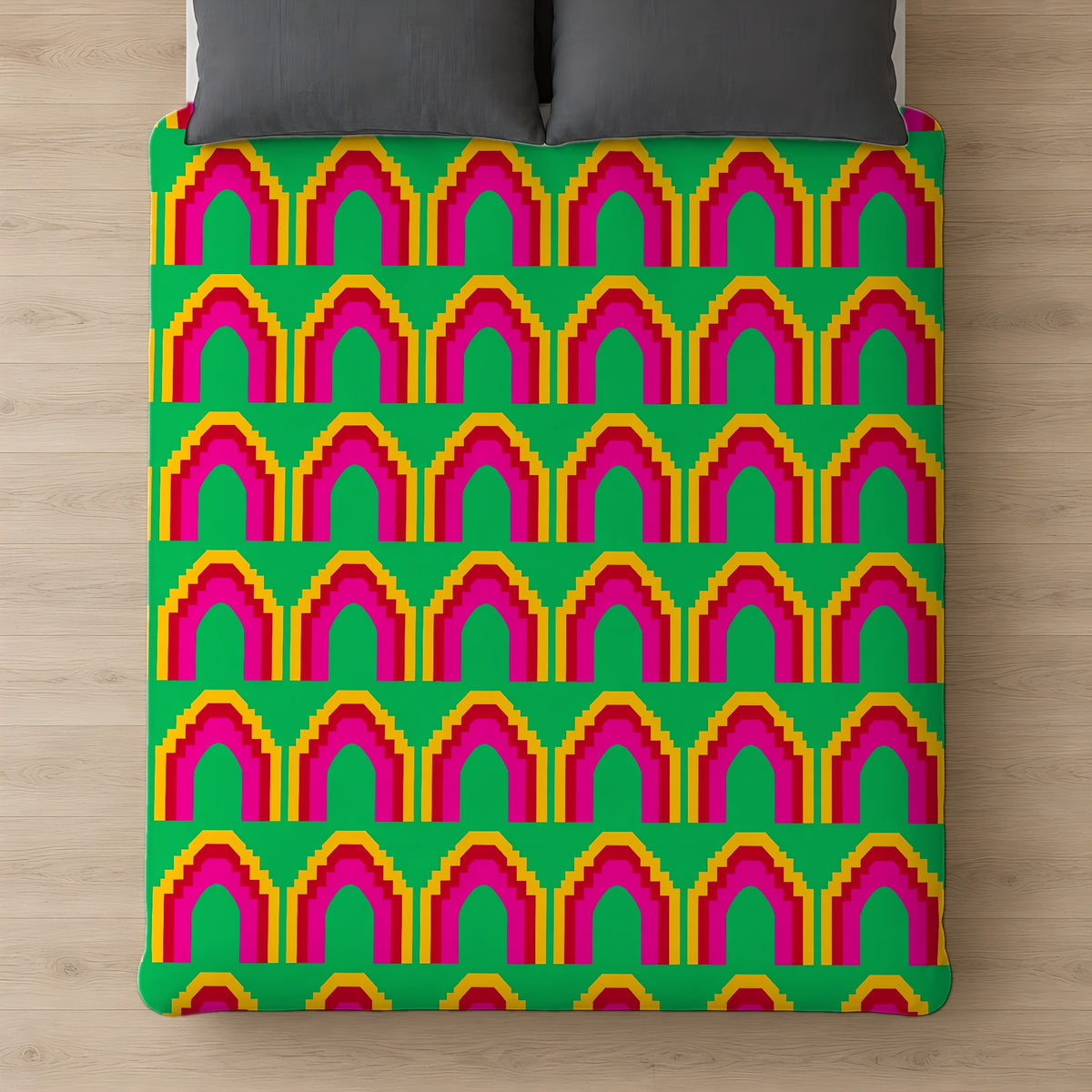 Grand Stepped Arches Comforter on a bed, seen from above