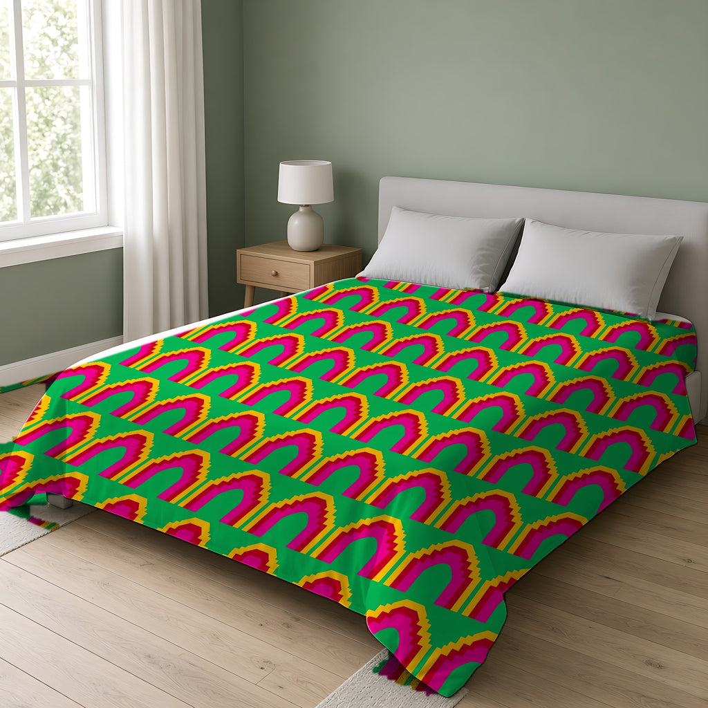 Grand Stepped Arches Cotton Duvet Cover on a double bed in a bright sage-green bedroom
