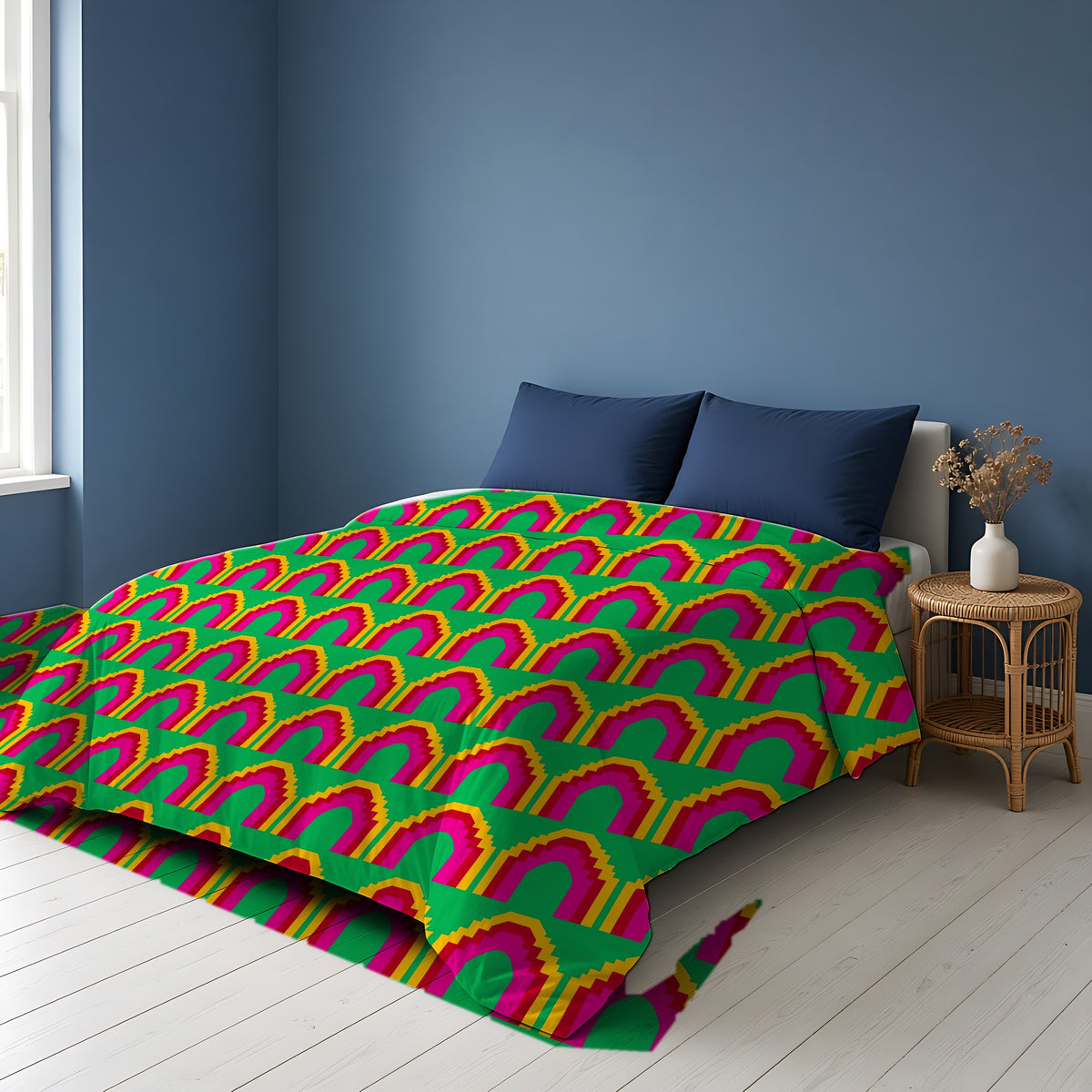 Grand Stepped Arches Cotton Duvet Cover on a bed in a Scandinavian blue bedroom