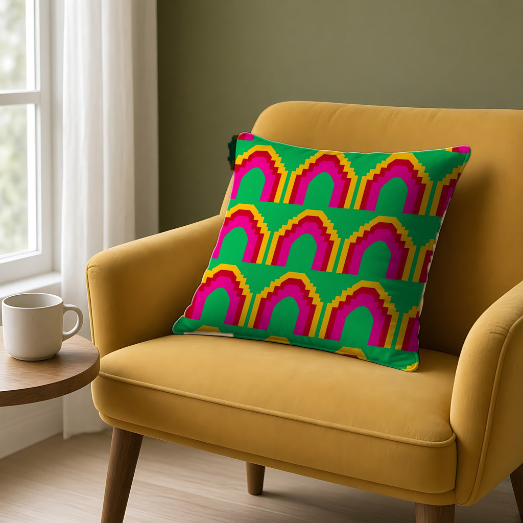 Grand Stepped Arches Faux Suede Cushion on a mustard armchair by a window