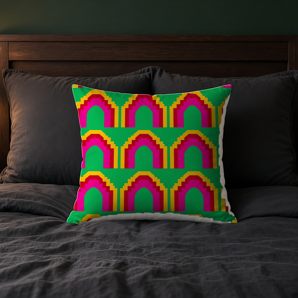 Grand Stepped Arches Faux Suede Cushion on a bed with charcoal bedding