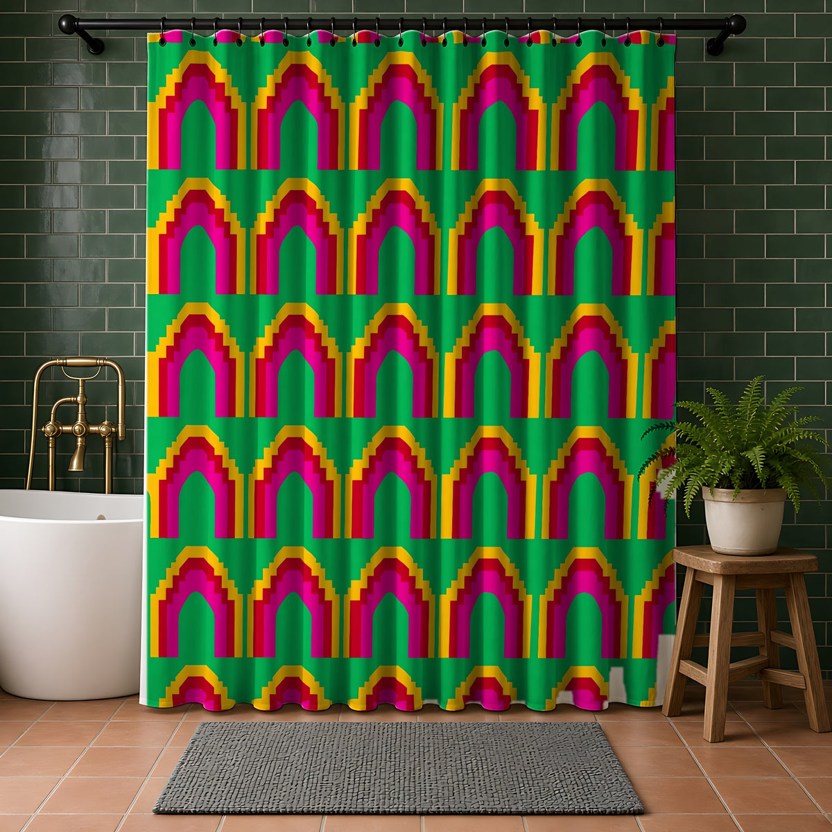 Grand Stepped Arches Shower Curtain in a bathroom with dark green tiles