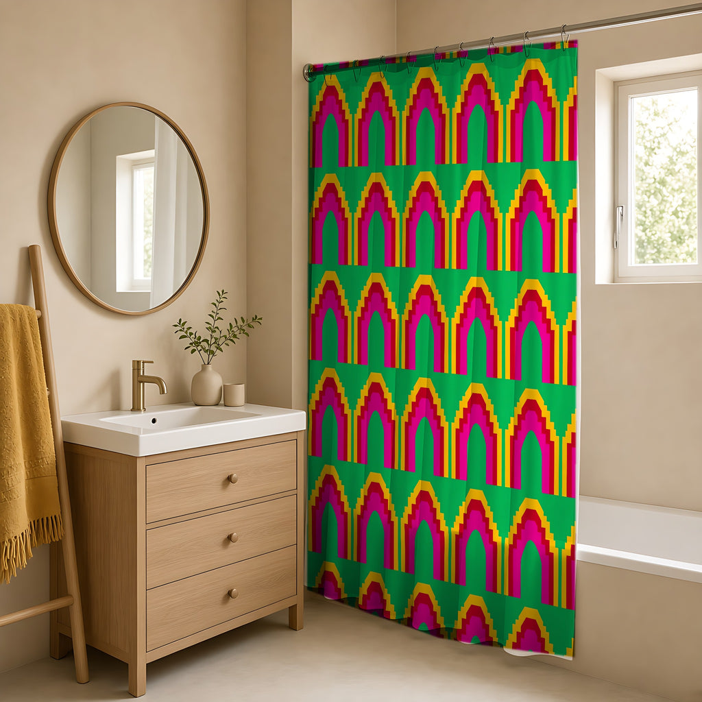 Grand Stepped Arches Shower Curtain in a warm neutral bathroom with an oak vanity