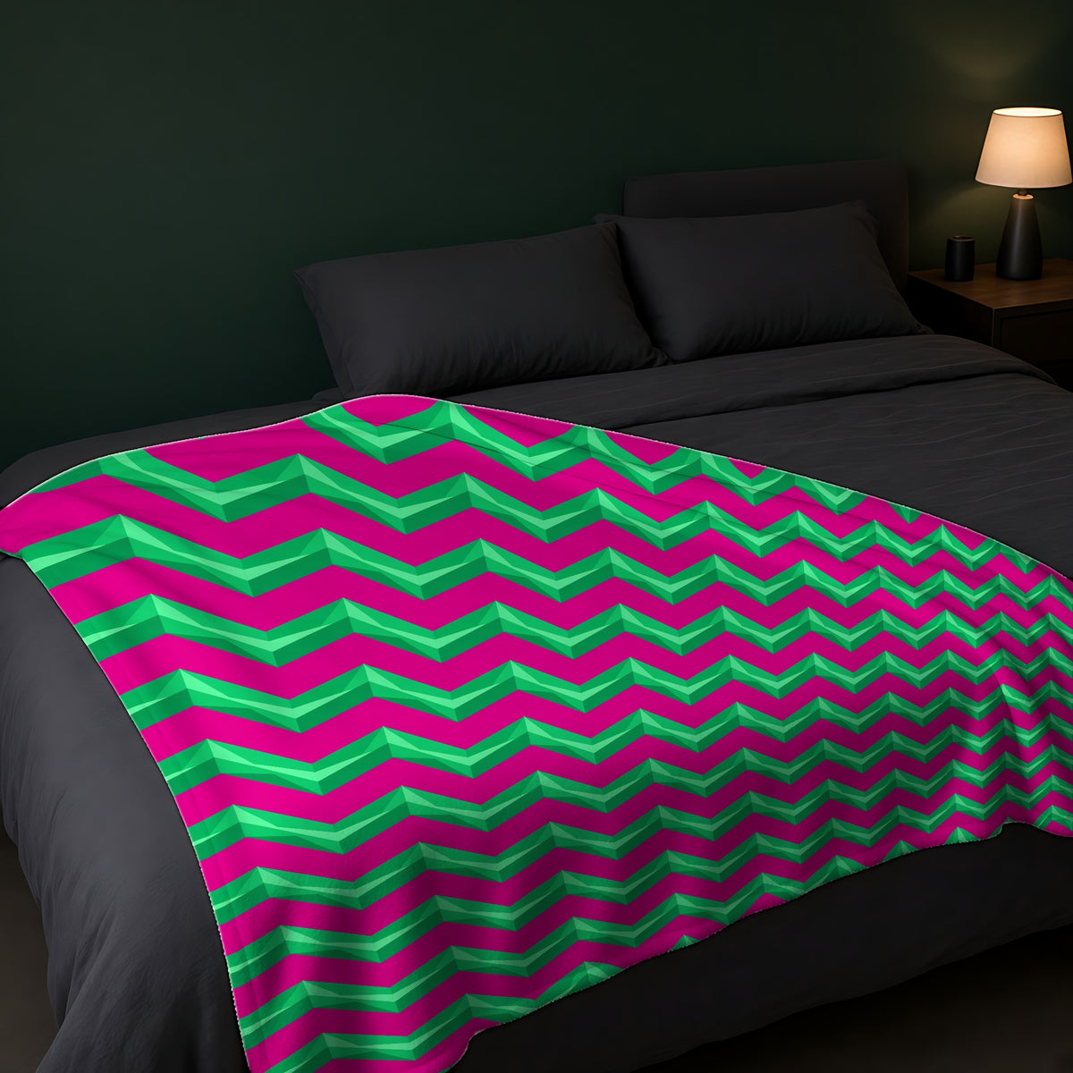 Broad Cut-Gem Chevrons Sherpa Fleece Blanket across the foot of a dark bed