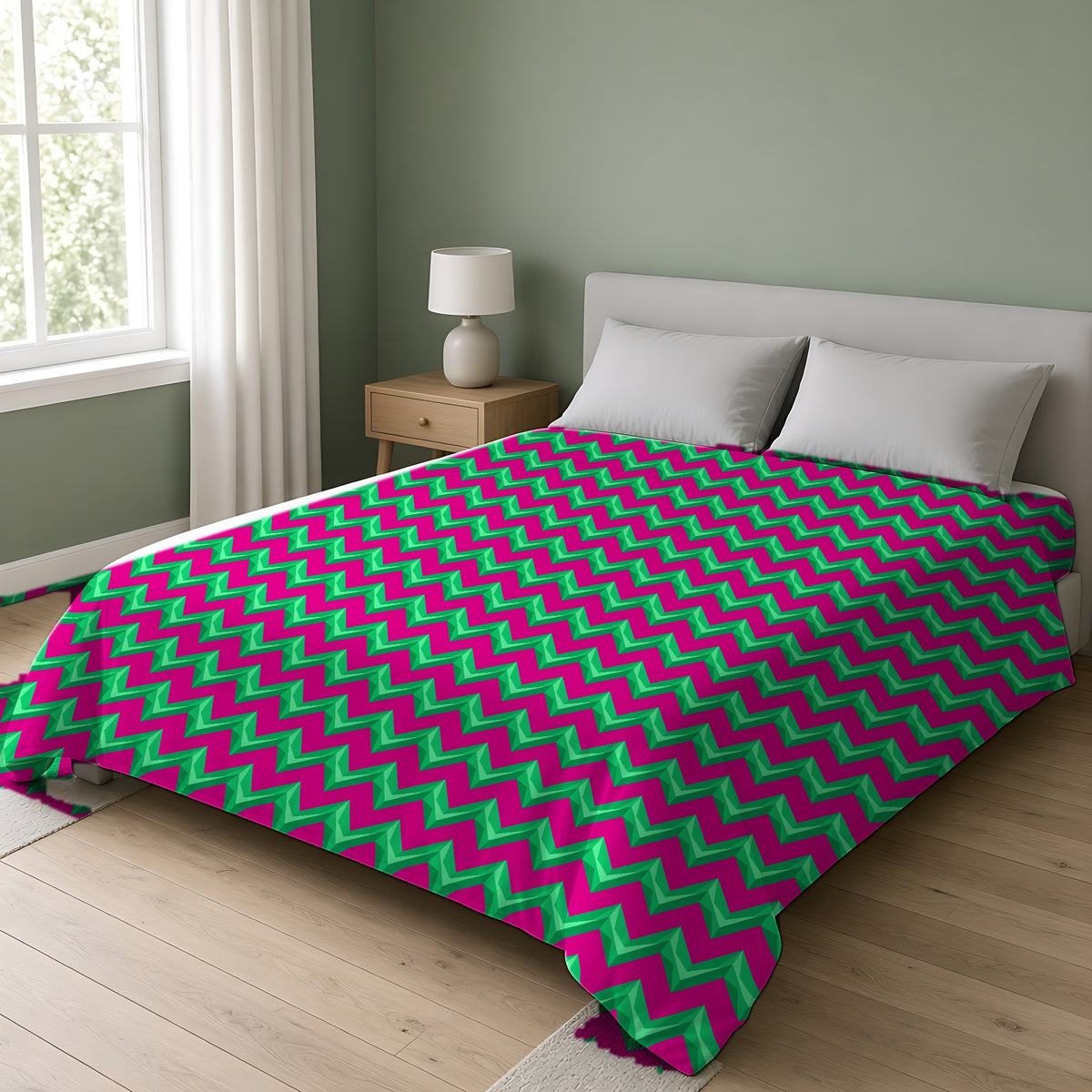 Broad Cut-Gem Chevrons Cotton Duvet Cover on a double bed in a bright sage-green bedroom