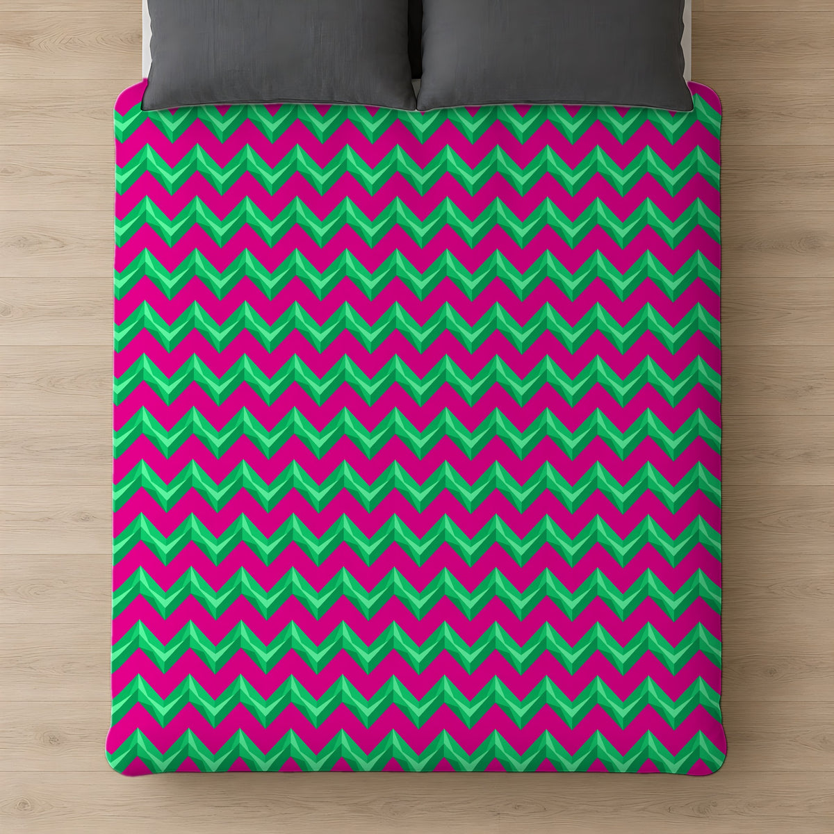 Broad Cut-Gem Chevrons Cotton Duvet Cover on a bed, seen from above