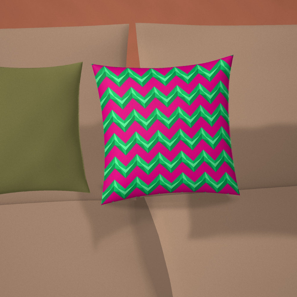 Broad Cut-Gem Chevrons Faux Suede Cushion styled on a sofa