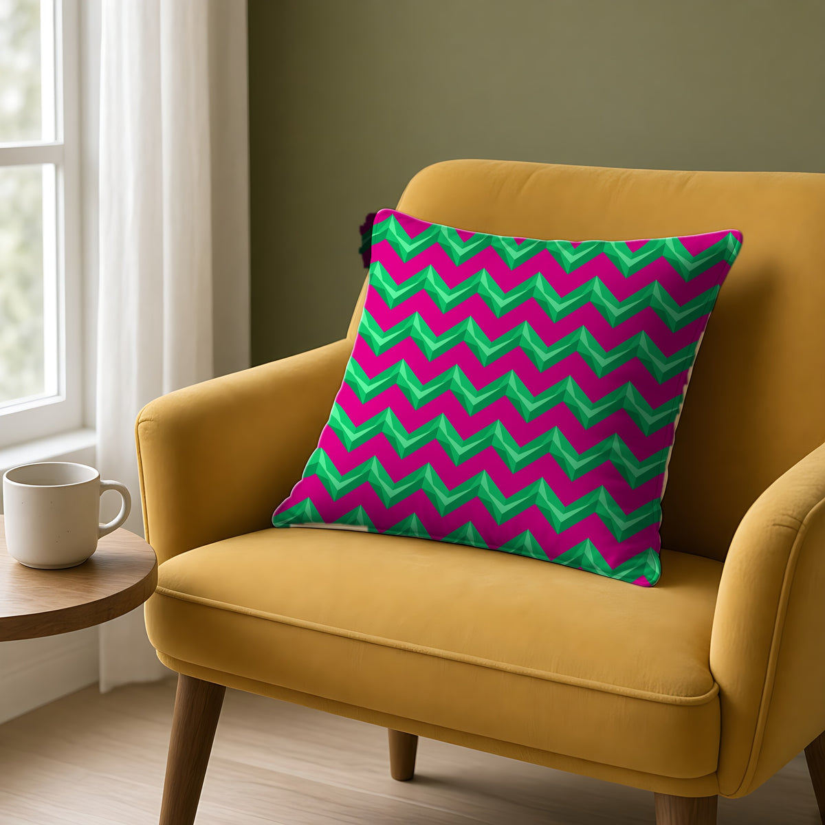 Broad Cut-Gem Chevrons Faux Suede Cushion on a mustard armchair by a window