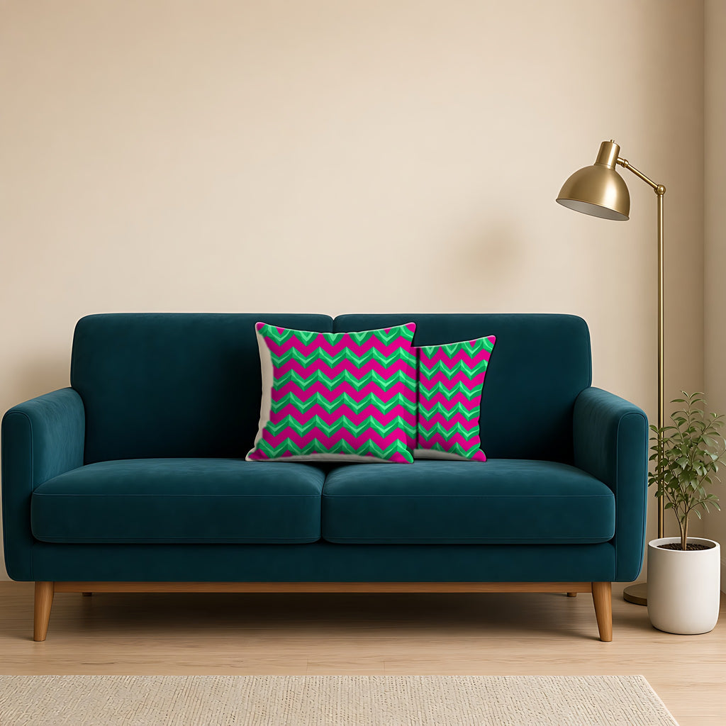 Broad Cut-Gem Chevrons Faux Suede Cushion on a teal velvet sofa