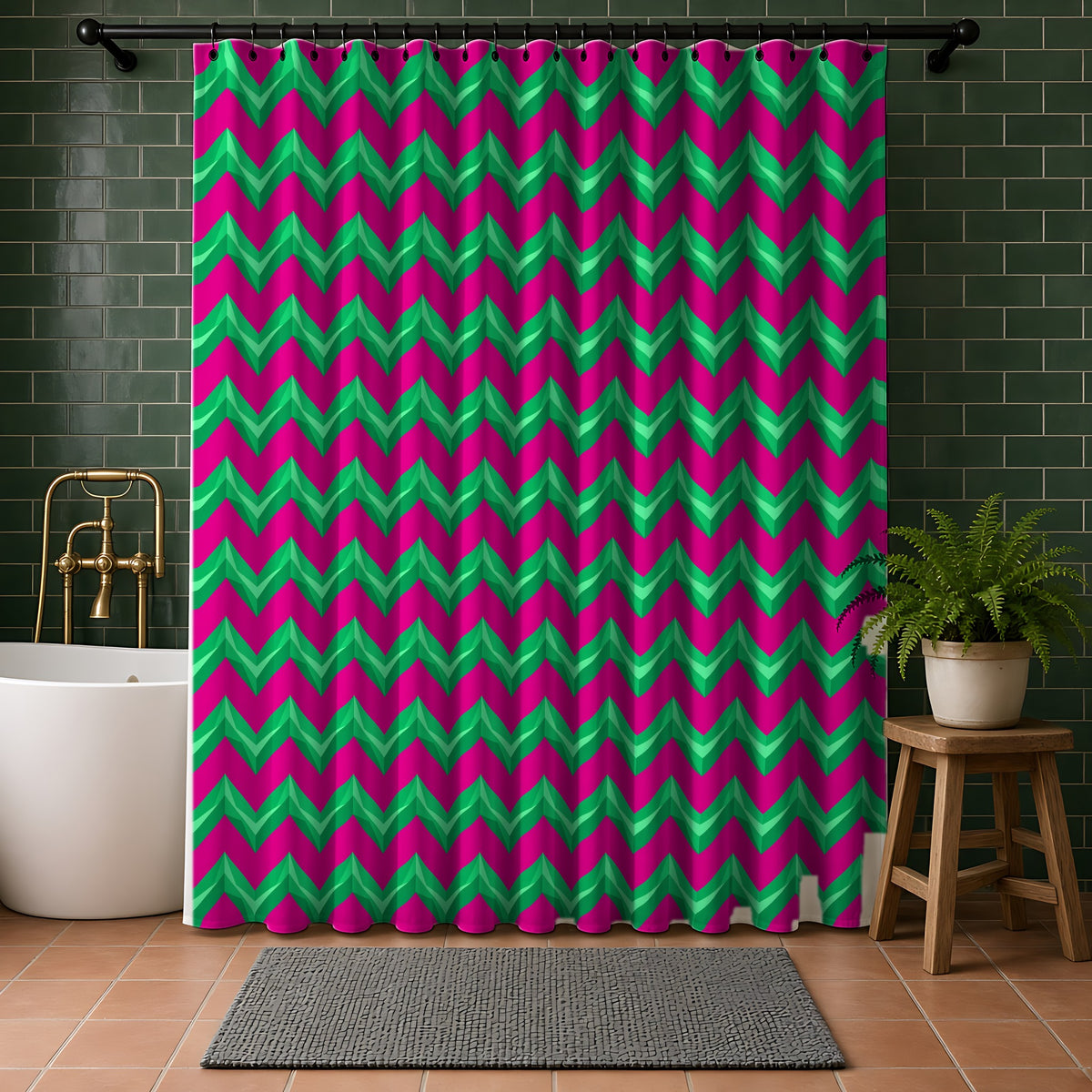 Broad Cut-Gem Chevrons Shower Curtain in a bathroom with dark green tiles
