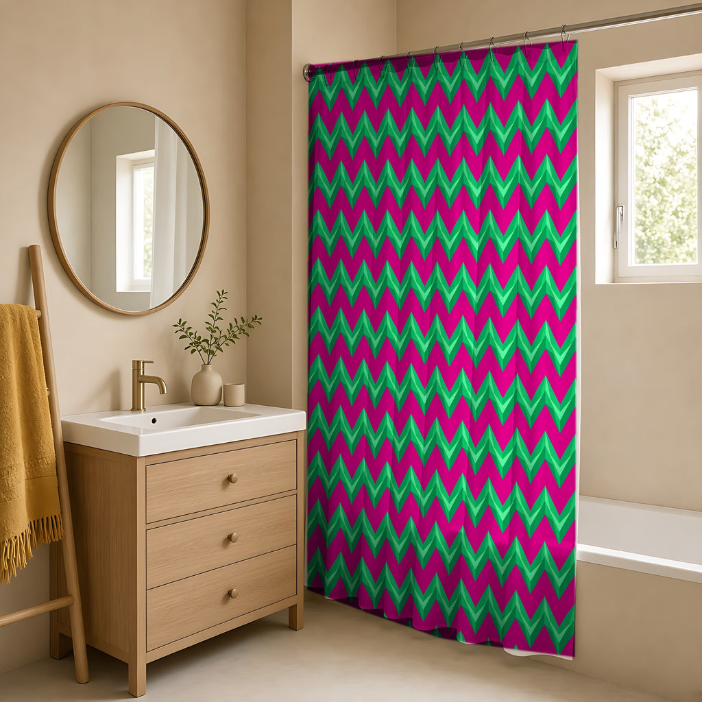 Broad Cut-Gem Chevrons Shower Curtain in a warm neutral bathroom with an oak vanity