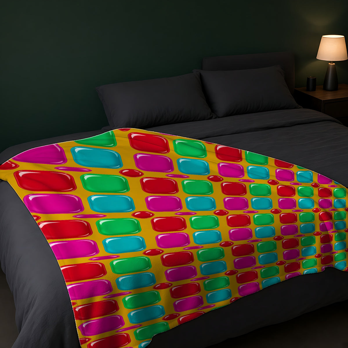 Giant Puffy Glass Cushions Sherpa Fleece Blanket across the foot of a dark bed