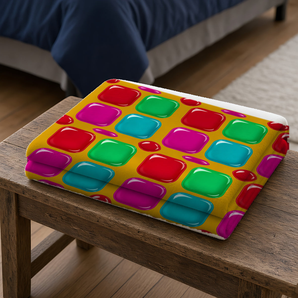 Giant Puffy Glass Cushions Sherpa Fleece Blanket folded on a wooden bench