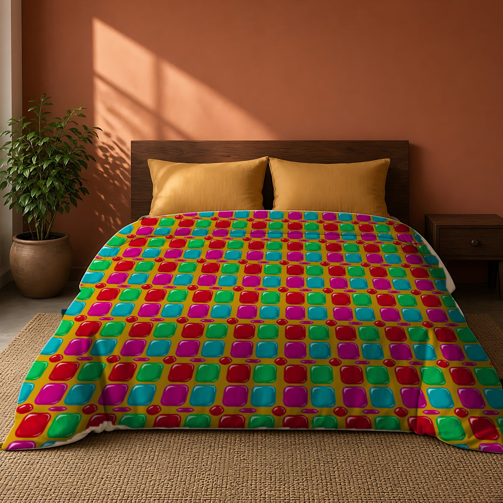 Giant Puffy Glass Cushions Comforter on a king bed against a warm terracotta wall