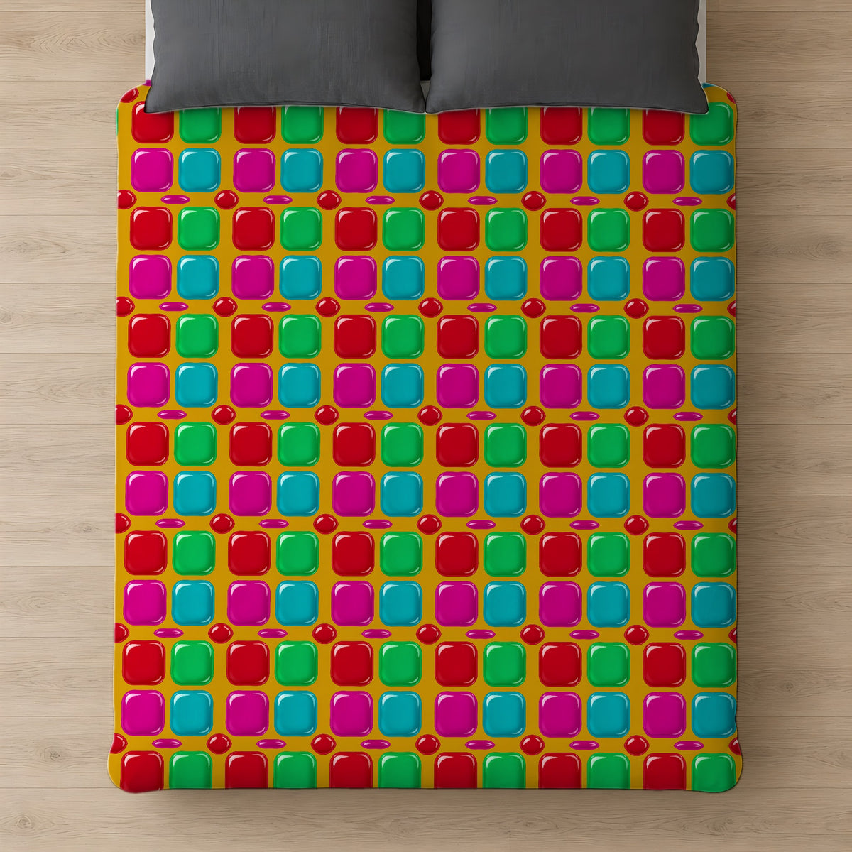 Giant Puffy Glass Cushions Comforter on a bed, seen from above