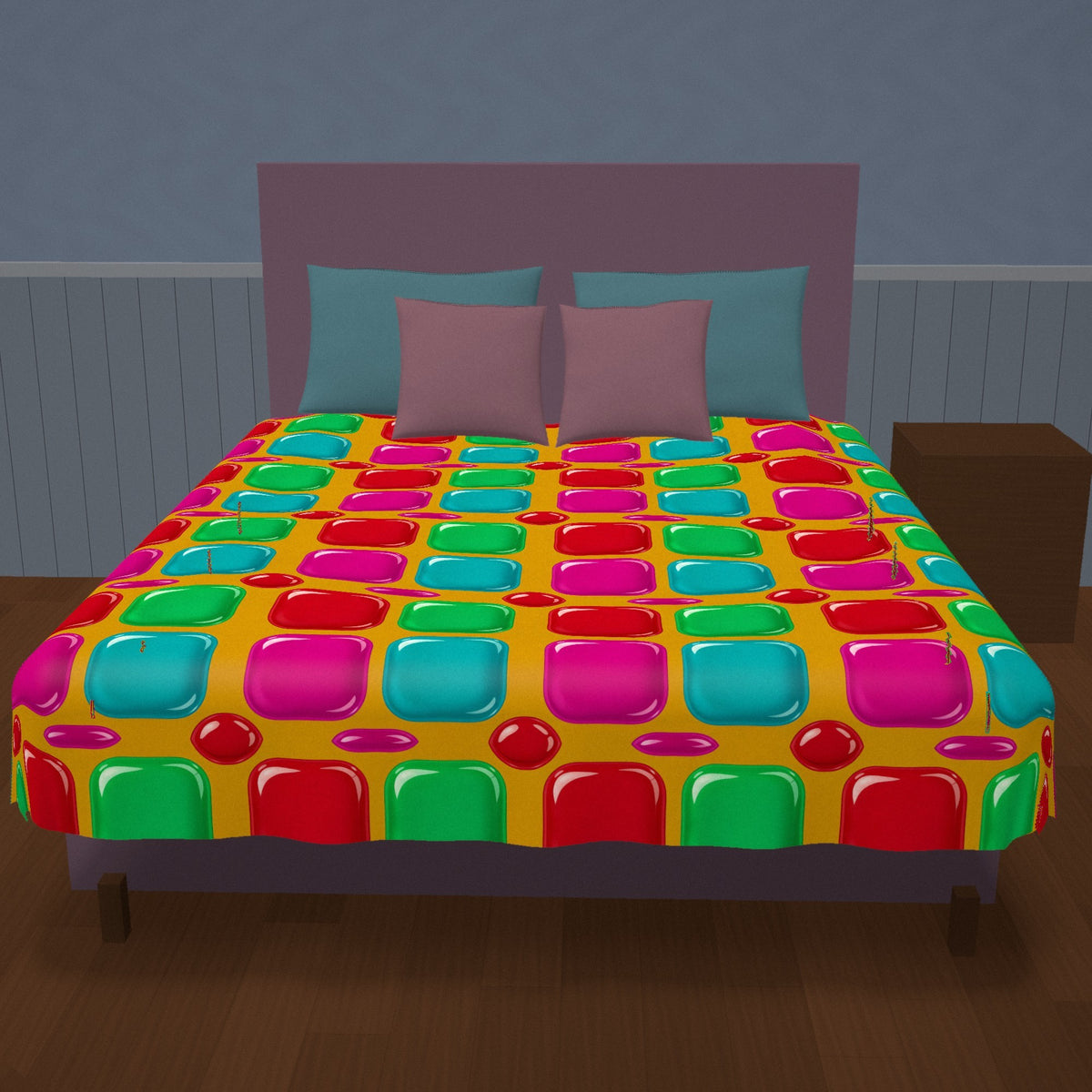 Giant Puffy Glass Cushions Cotton Duvet Cover on a made bed