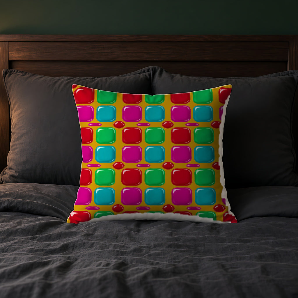 Giant Puffy Glass Cushions Faux Suede Cushion on a bed with charcoal bedding