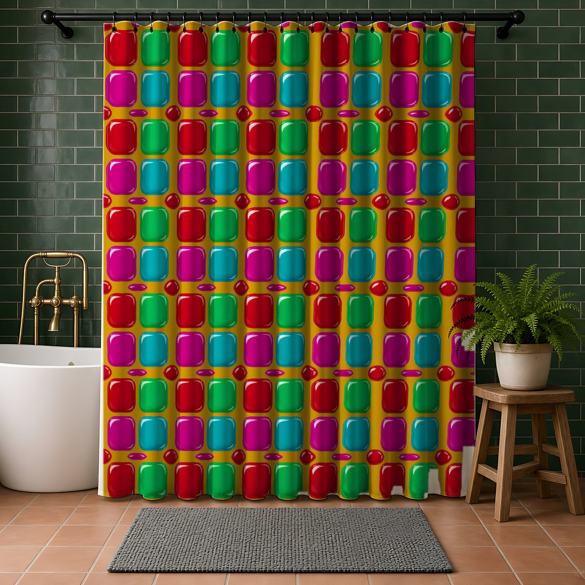 Giant Puffy Glass Cushions Shower Curtain in a bathroom with dark green tiles