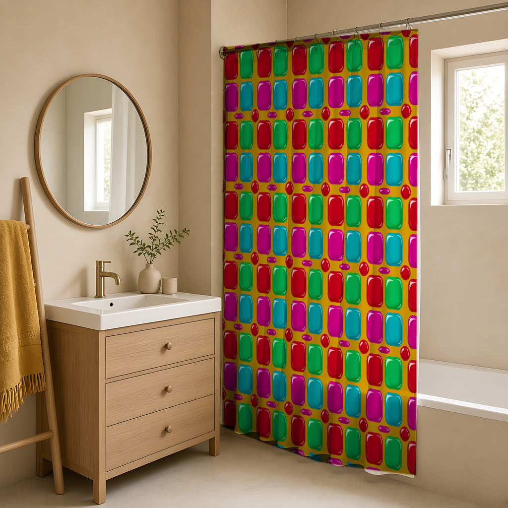 Giant Puffy Glass Cushions Shower Curtain in a warm neutral bathroom with an oak vanity