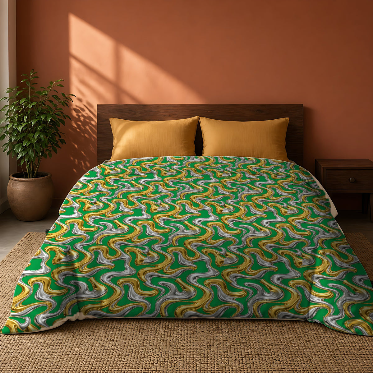 Broad Melting Gold Ribbons Comforter on a king bed against a warm terracotta wall