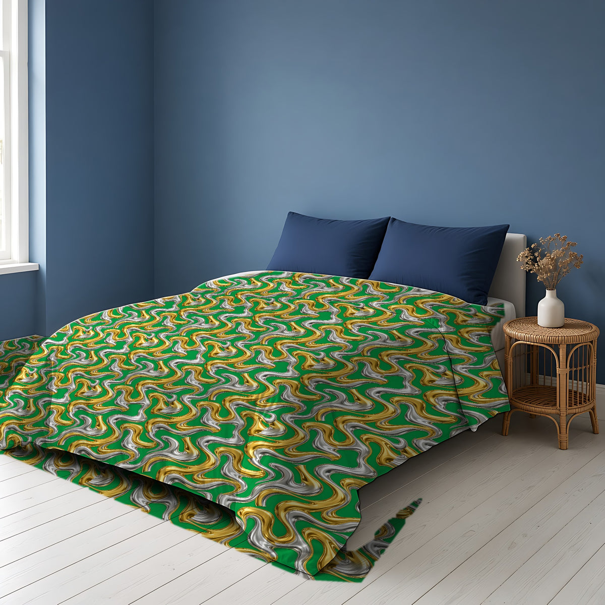 Broad Melting Gold Ribbons Comforter on a bed in a Scandinavian blue bedroom