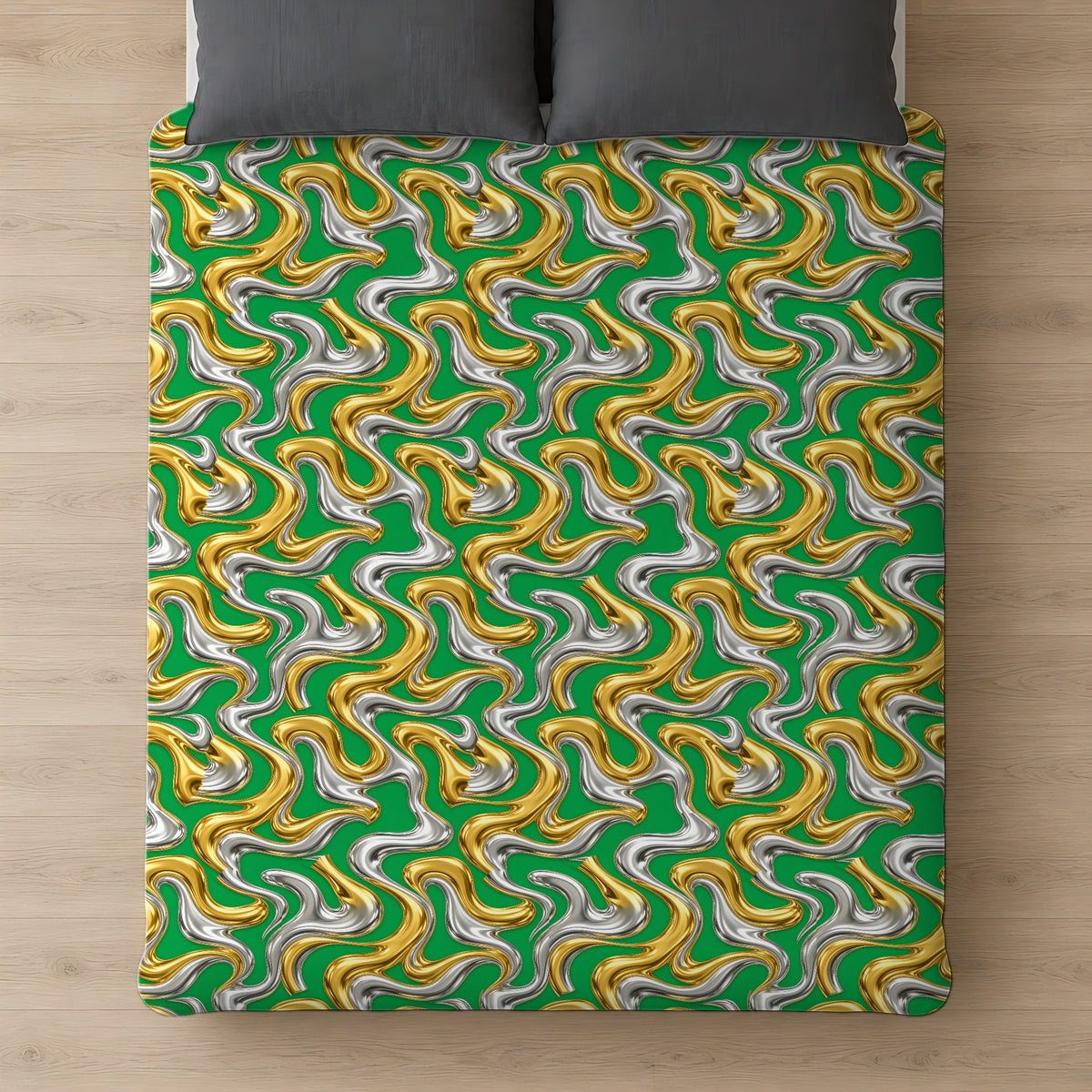 Broad Melting Gold Ribbons Comforter on a bed, seen from above