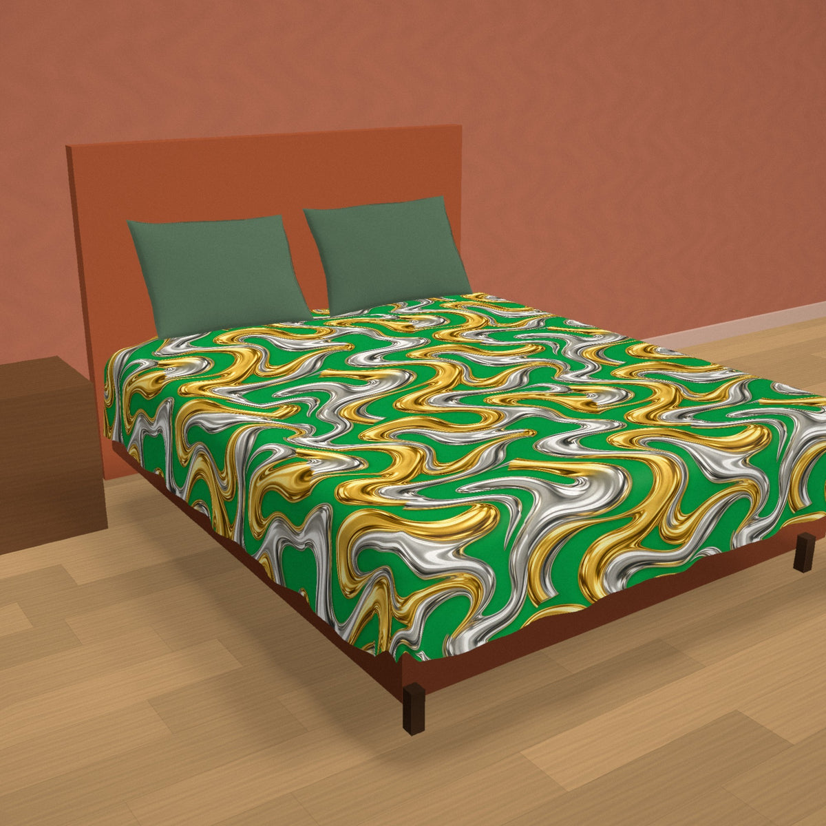 Broad Melting Gold Ribbons Cotton Duvet Cover on a made bed