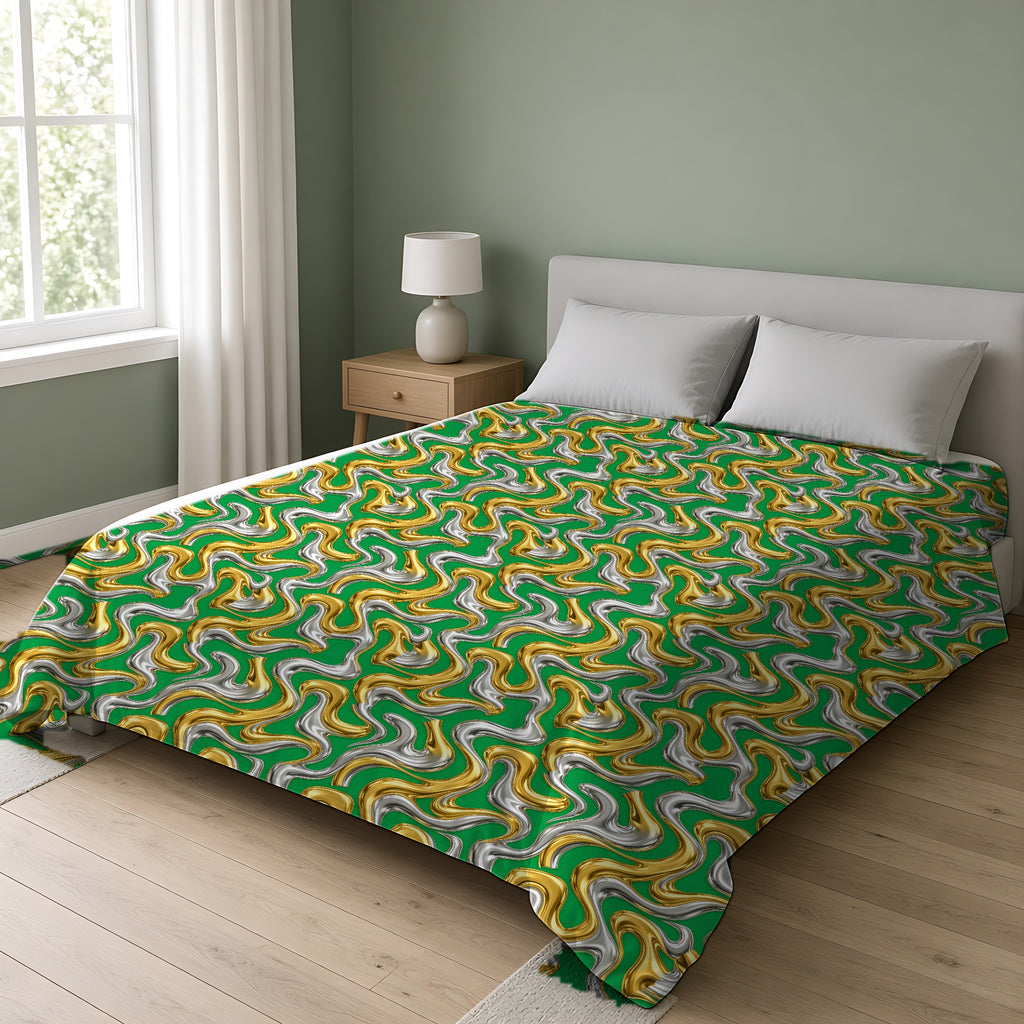 Broad Melting Gold Ribbons Cotton Duvet Cover on a double bed in a bright sage-green bedroom