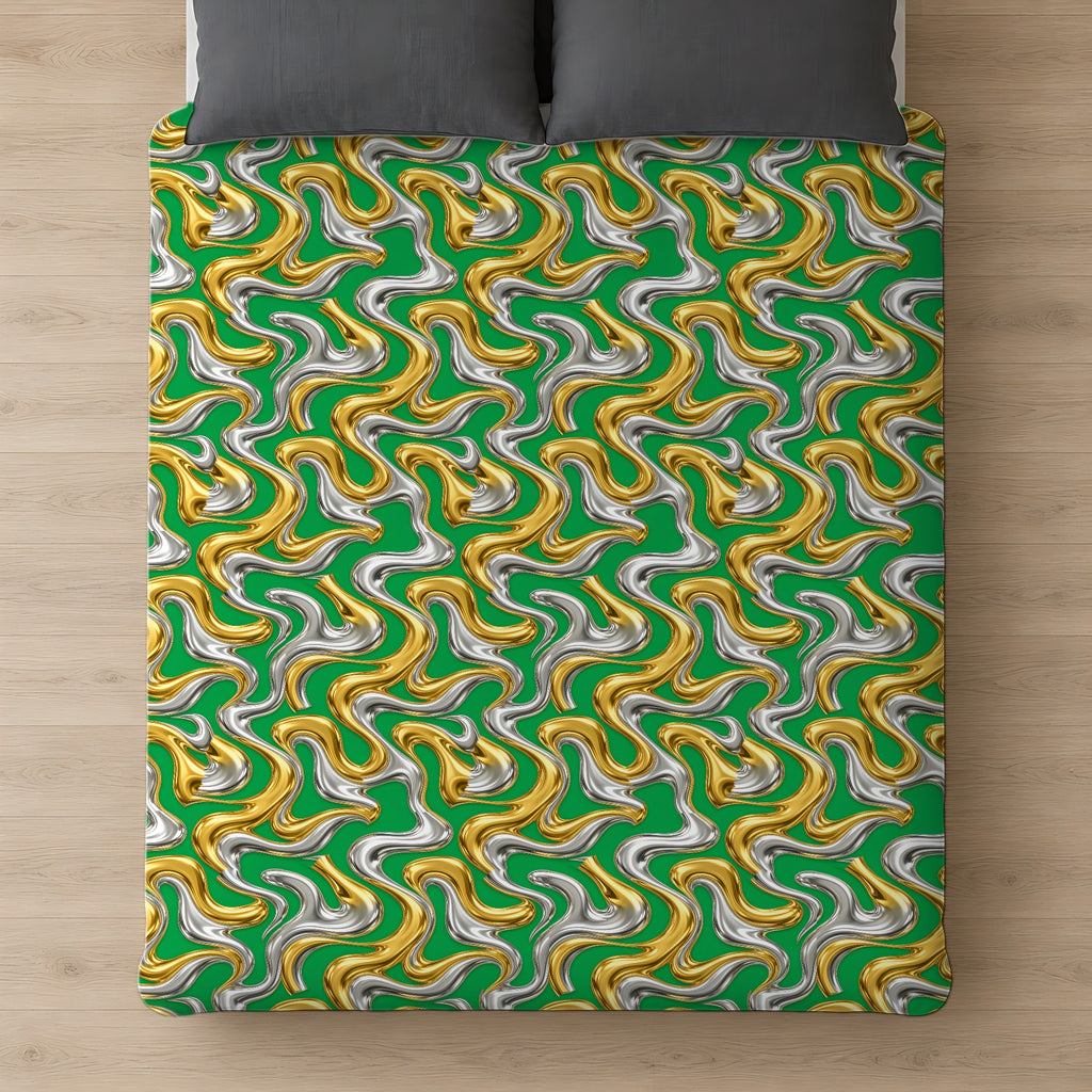 Broad Melting Gold Ribbons Cotton Duvet Cover on a bed, seen from above