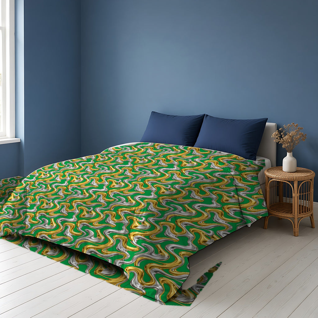 Broad Melting Gold Ribbons Cotton Duvet Cover on a bed in a Scandinavian blue bedroom