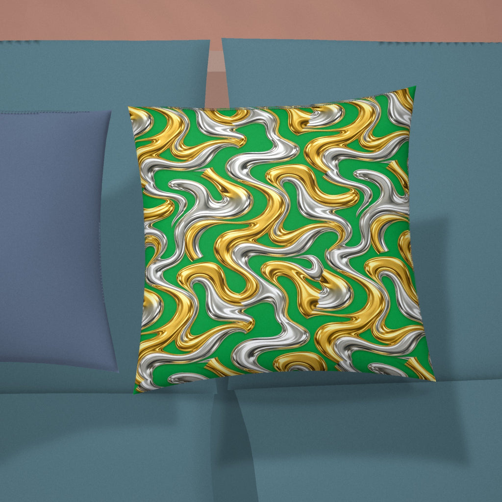 Broad Melting Gold Ribbons Faux Suede Cushion styled on a sofa