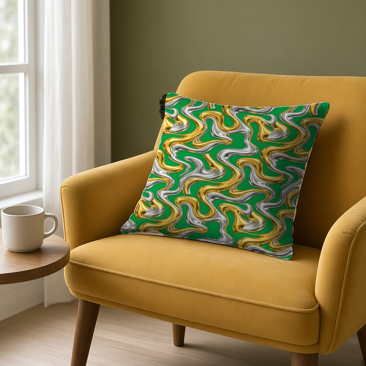 Broad Melting Gold Ribbons Faux Suede Cushion on a mustard armchair by a window