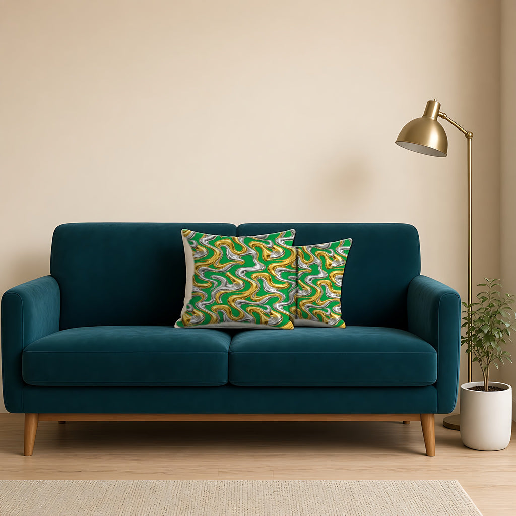 Broad Melting Gold Ribbons Faux Suede Cushion on a teal velvet sofa
