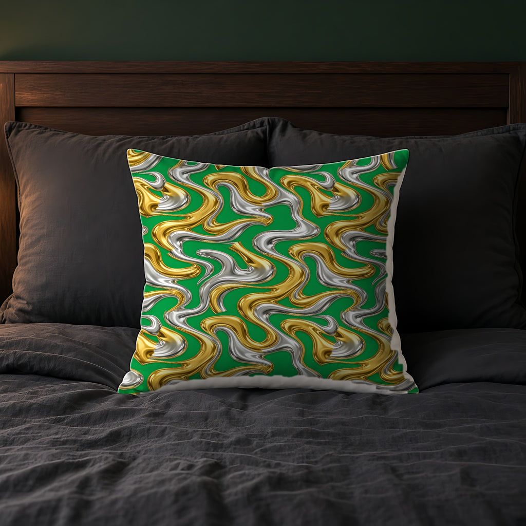 Broad Melting Gold Ribbons Faux Suede Cushion on a bed with charcoal bedding
