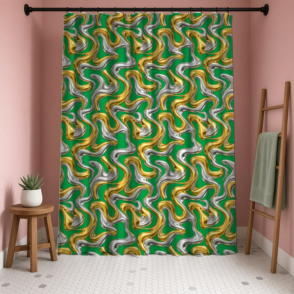 Broad Melting Gold Ribbons Shower Curtain in a blush-pink bathroom