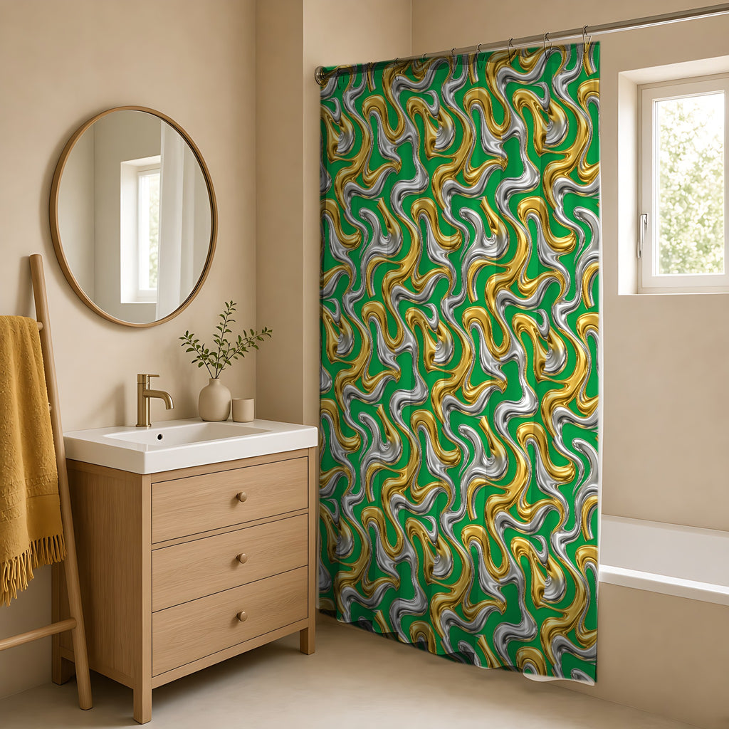 Broad Melting Gold Ribbons Shower Curtain in a warm neutral bathroom with an oak vanity