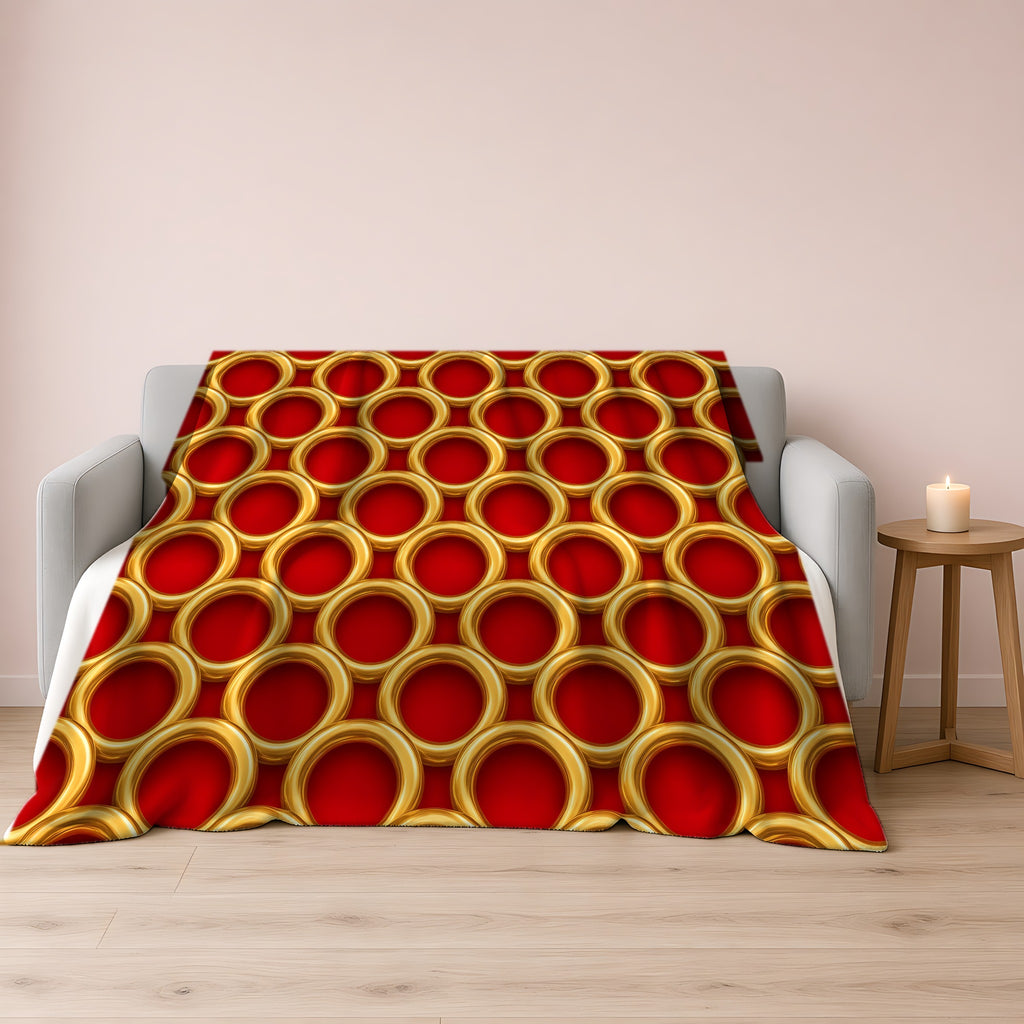 Big Gold Ring Weave Sherpa Fleece Blanket draped over a grey sofa