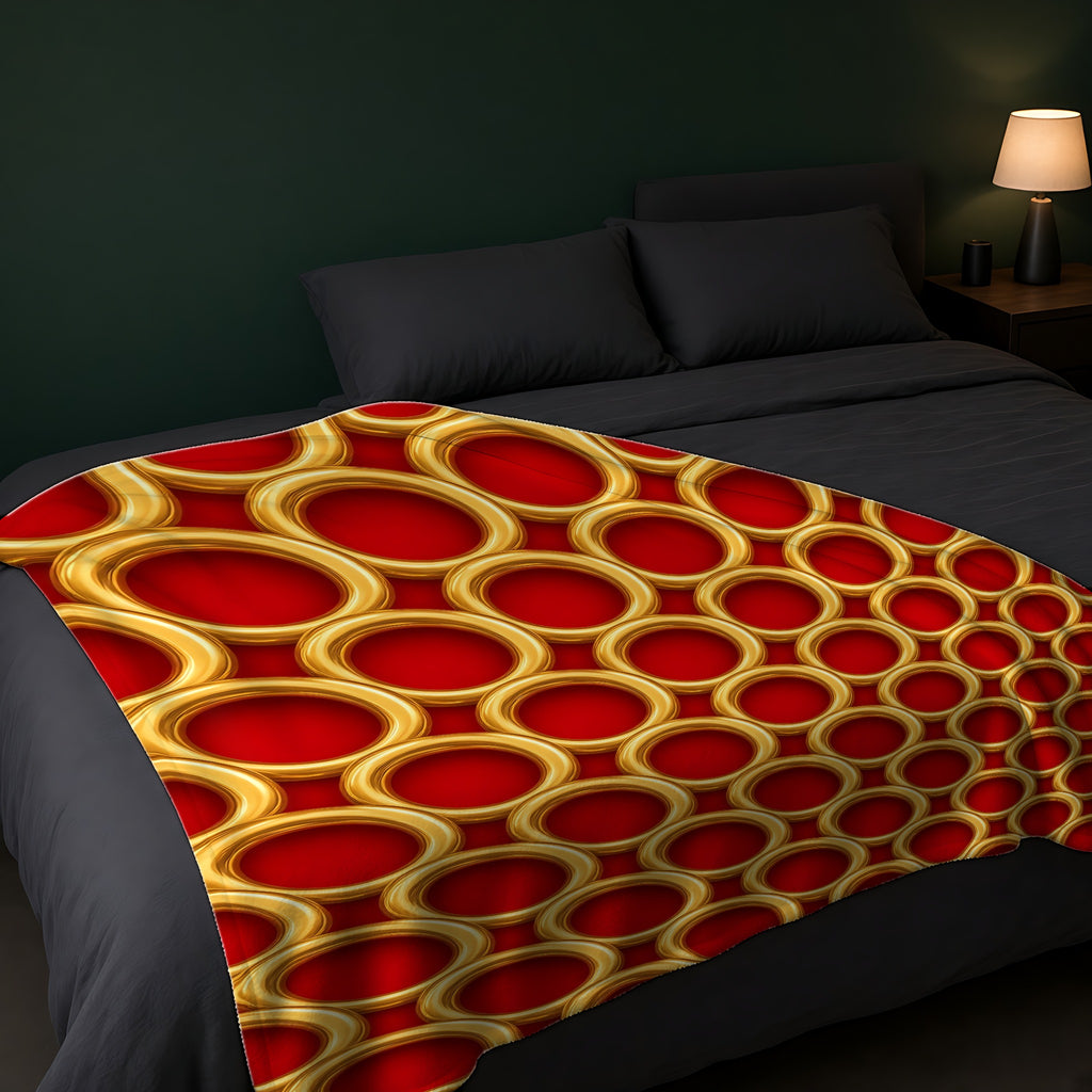 Big Gold Ring Weave Sherpa Fleece Blanket across the foot of a dark bed