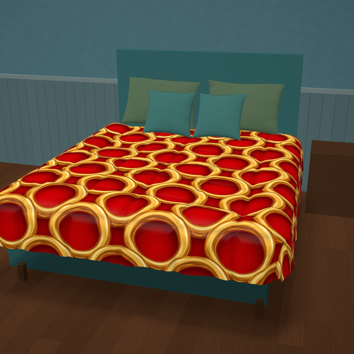 Big Gold Ring Weave Comforter on a made bed