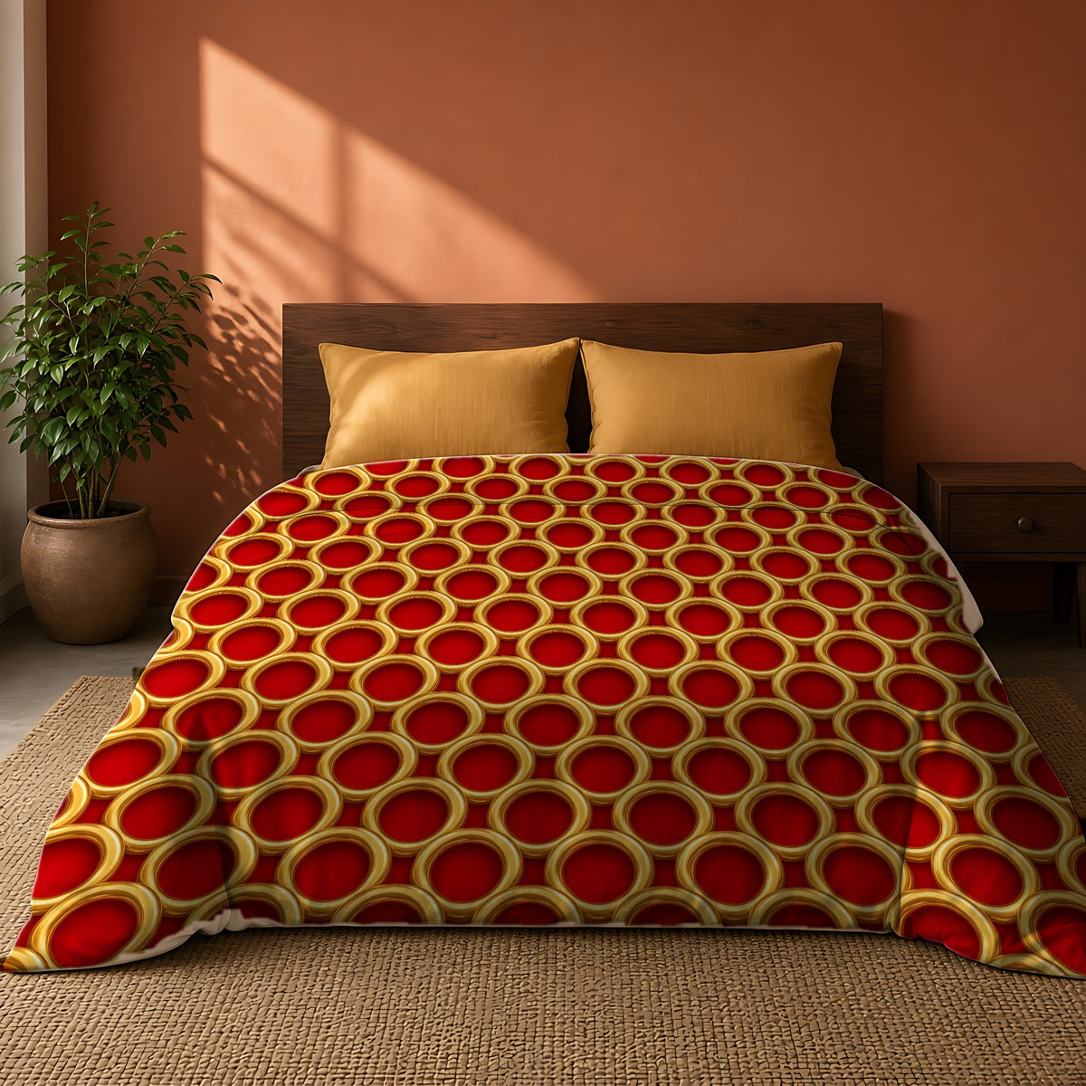 Big Gold Ring Weave Comforter on a king bed against a warm terracotta wall