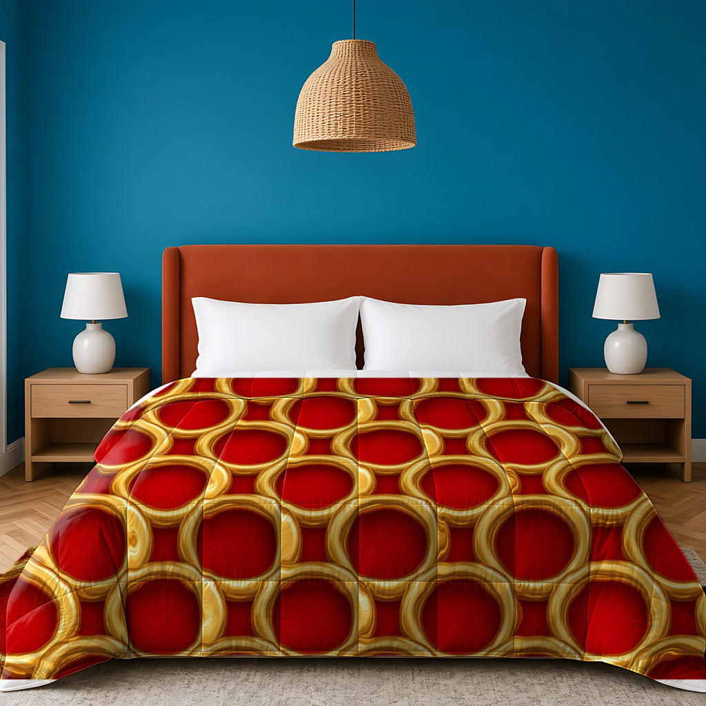 Big Gold Ring Weave comforter in the Christmas Jewel Bright palette, on a bed with a rust headboard against a teal wall