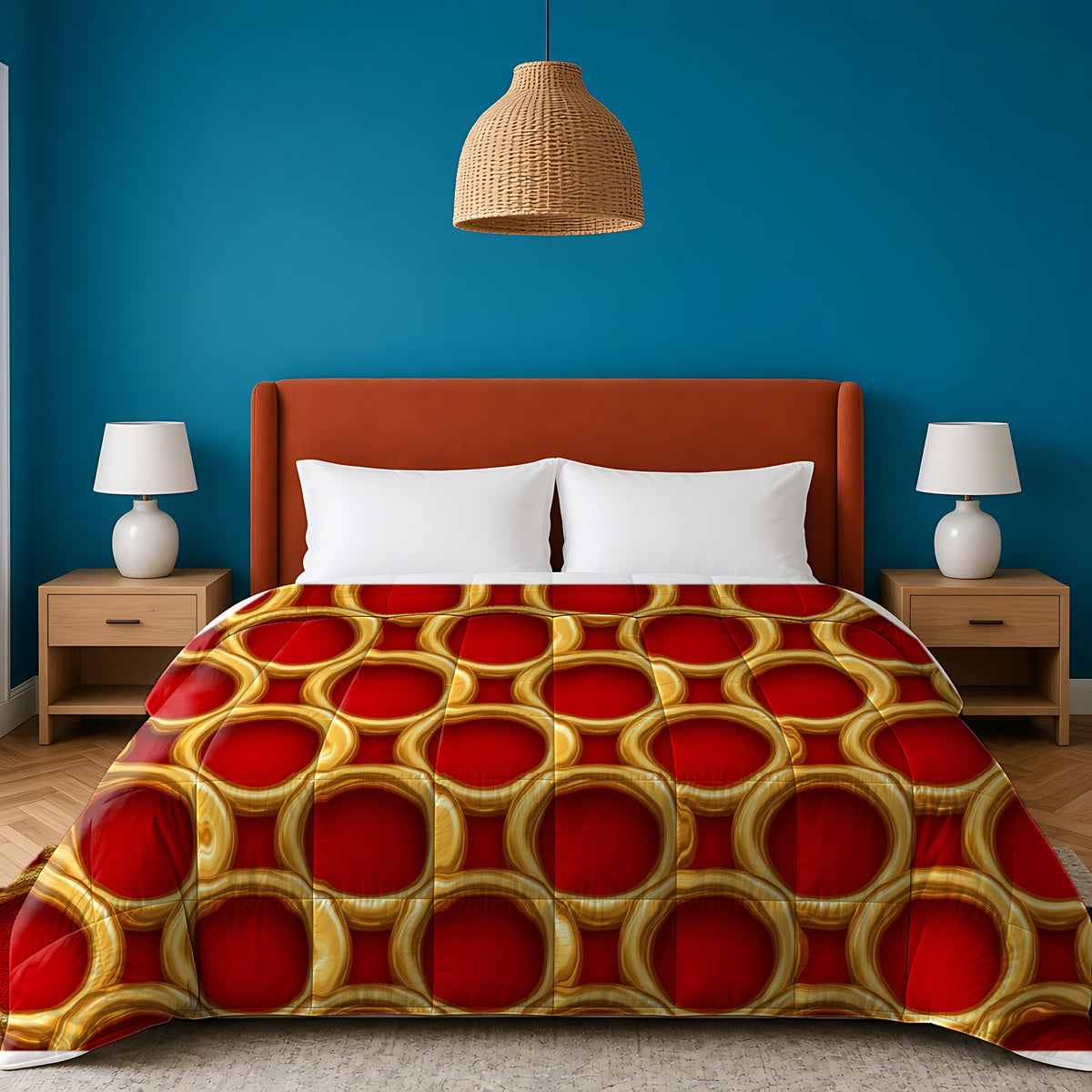 Big Gold Ring Weave comforter in the Christmas Jewel Bright palette, on a bed with a rust headboard against a teal wall