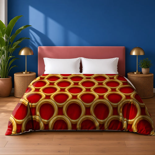 Big Gold Ring Weave cotton duvet cover in the Christmas Jewel Bright palette, on a bed with a dusty-pink headboard against a cobalt wall